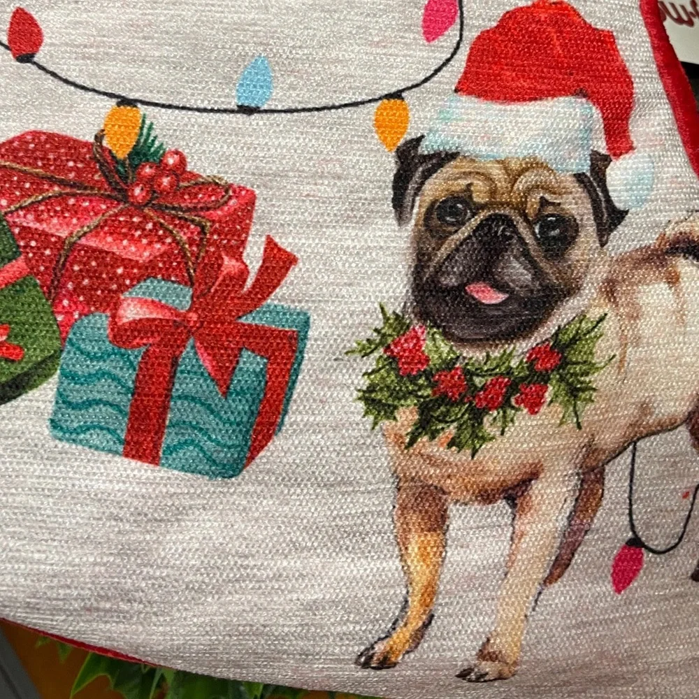 Christmas Dogs Pug & Golden Retriever Beaded Holiday Christmas Stocking NWT